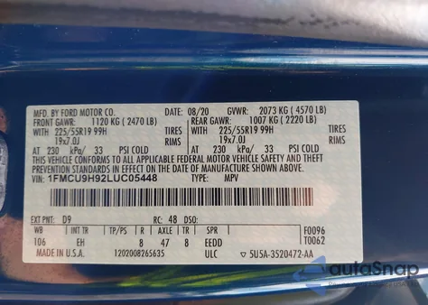 2020 Ford Escape Sel из США, поврежденный, VIN 1FMCU9H92LUC05448